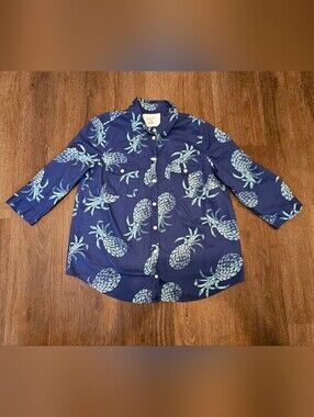 Sonoma Navy Pineapple-Print Button Down Shirt Women's Size Large